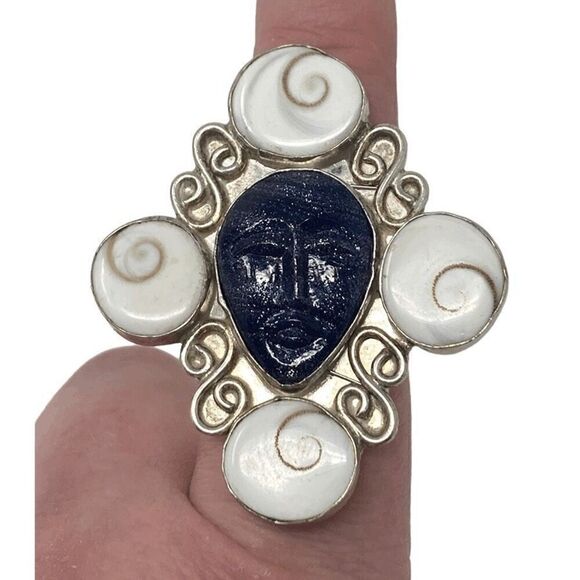 Alexis Bittar Sz 9 Lapis Lazuli Statement Ring 9.25 Y2K Art Nouveau Shiva Shells - Picture 7 of 10